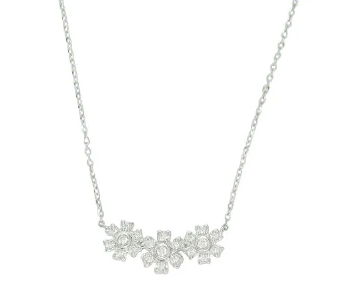 14K Gold three miniature diamond flower necklace