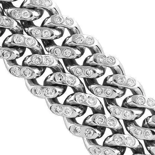 14K White Solid Gold Mens Diamond Double Row Cuban Bracelet 8.50 Ctw