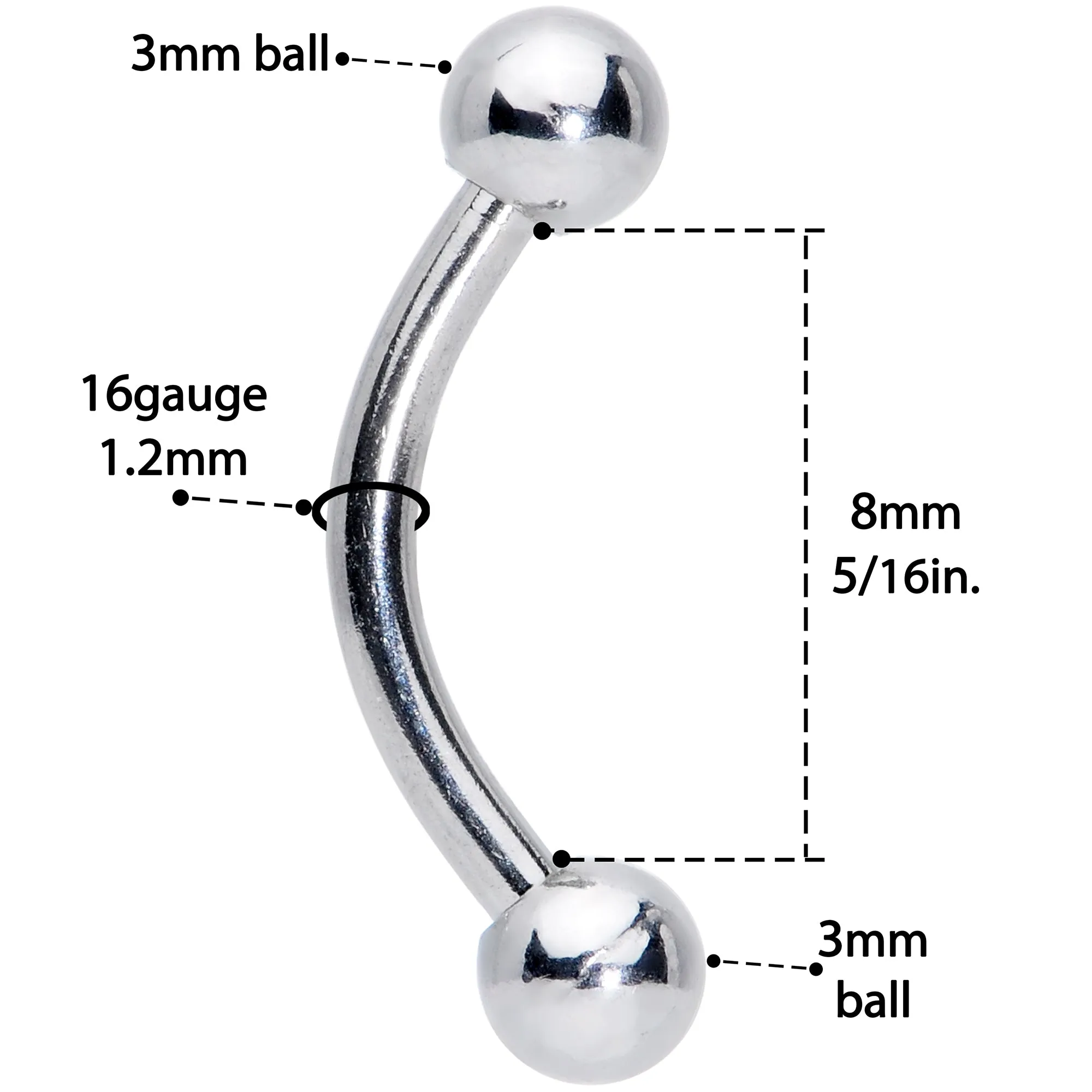 16 Gauge 5/16 Stainless Steel Curved Eyebrow Rook Piercing