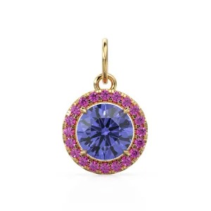 18k Solid Gold Iolite Pink Sapphire Round Halo Charm / Petite Dainty Brilliant Round Blue Gemstone Charm Pendant / Sapphire Gold Pendant