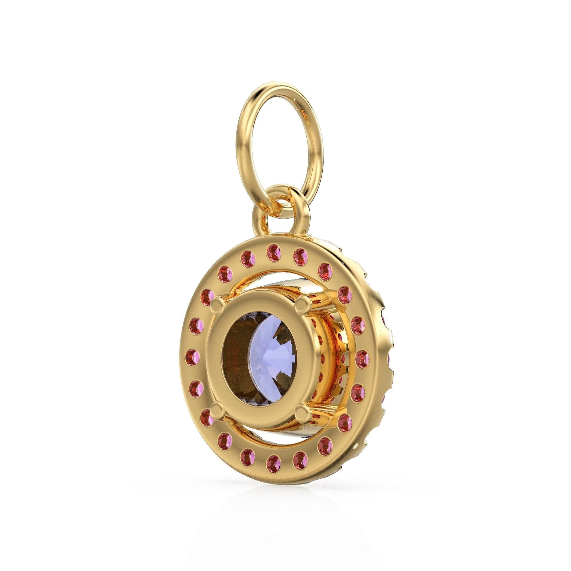 18k Solid Gold Iolite Pink Sapphire Round Halo Charm / Petite Dainty Brilliant Round Blue Gemstone Charm Pendant / Sapphire Gold Pendant