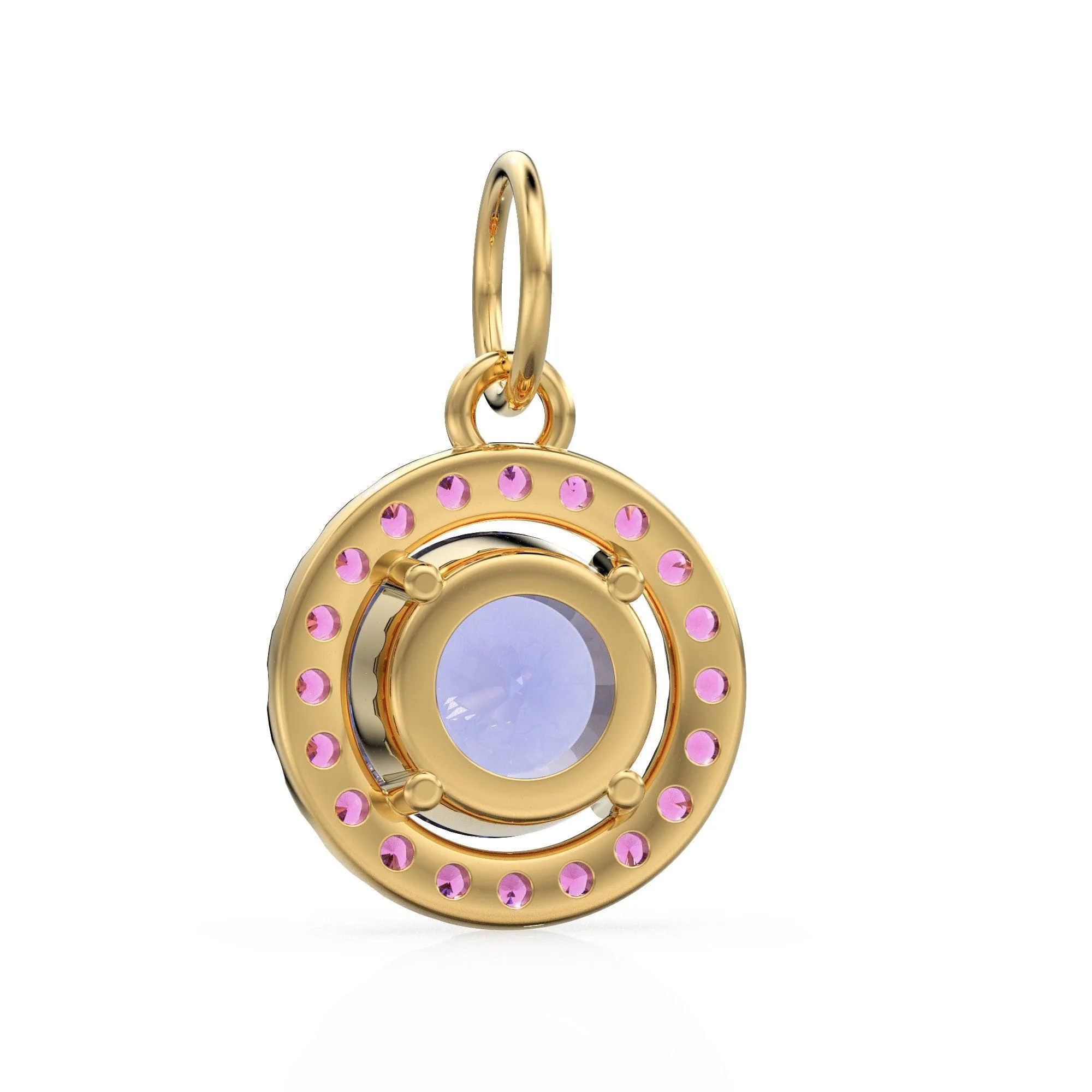 18k Solid Gold Iolite Pink Sapphire Round Halo Charm / Petite Dainty Brilliant Round Blue Gemstone Charm Pendant / Sapphire Gold Pendant