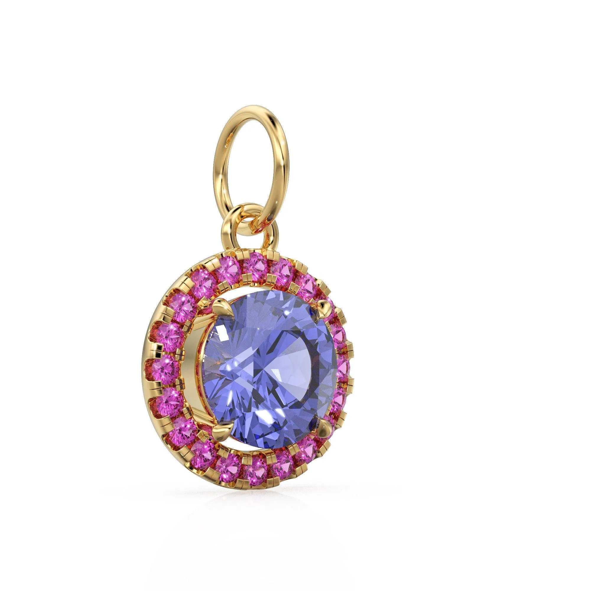 18k Solid Gold Iolite Pink Sapphire Round Halo Charm / Petite Dainty Brilliant Round Blue Gemstone Charm Pendant / Sapphire Gold Pendant