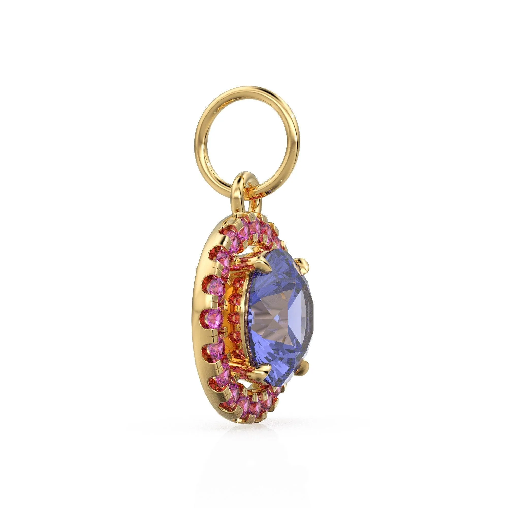 18k Solid Gold Iolite Pink Sapphire Round Halo Charm / Petite Dainty Brilliant Round Blue Gemstone Charm Pendant / Sapphire Gold Pendant