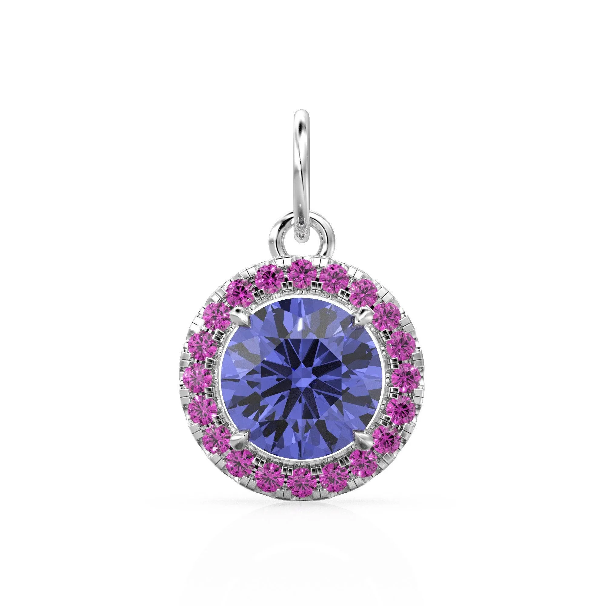 18k Solid Gold Iolite Pink Sapphire Round Halo Charm / Petite Dainty Brilliant Round Blue Gemstone Charm Pendant / Sapphire Gold Pendant