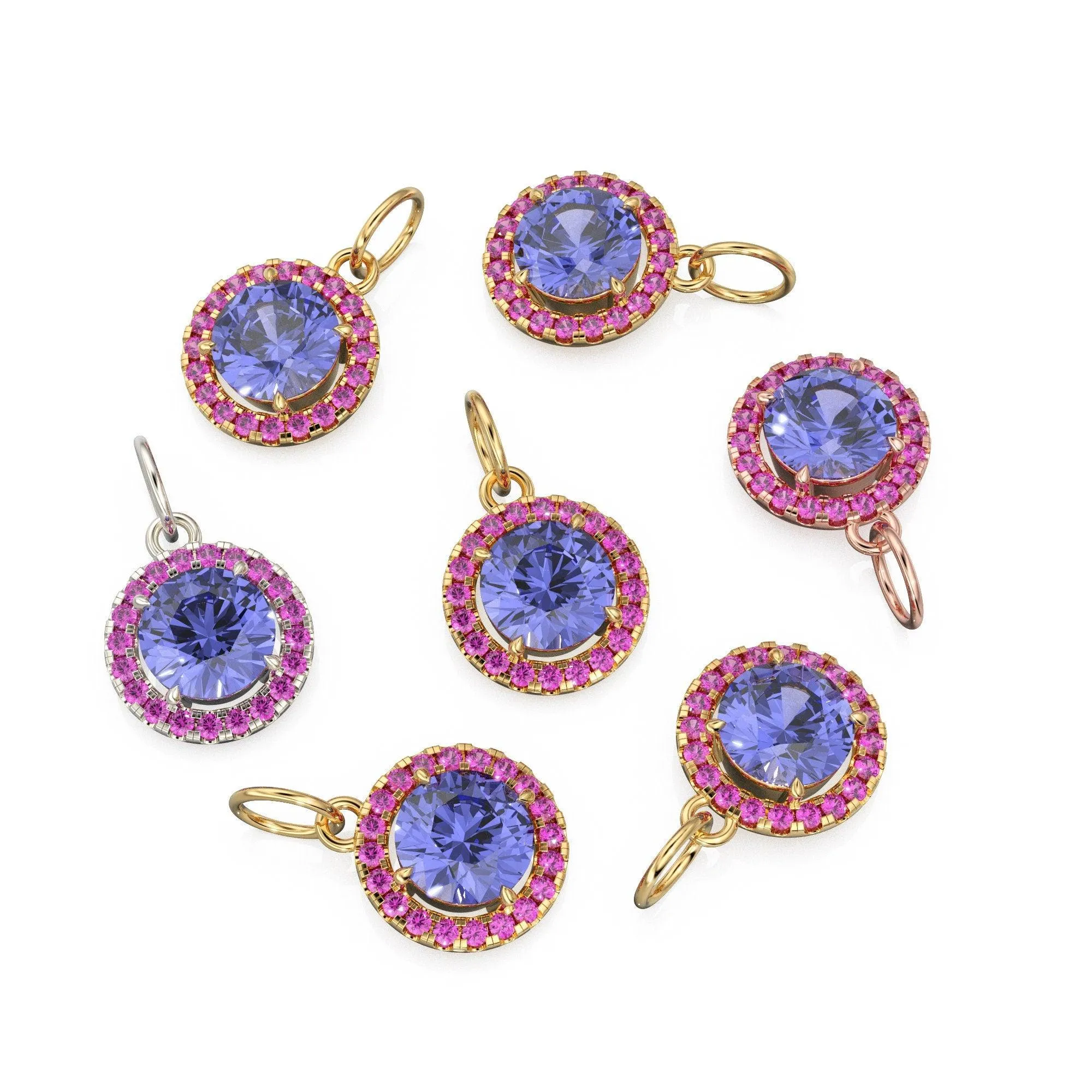18k Solid Gold Iolite Pink Sapphire Round Halo Charm / Petite Dainty Brilliant Round Blue Gemstone Charm Pendant / Sapphire Gold Pendant
