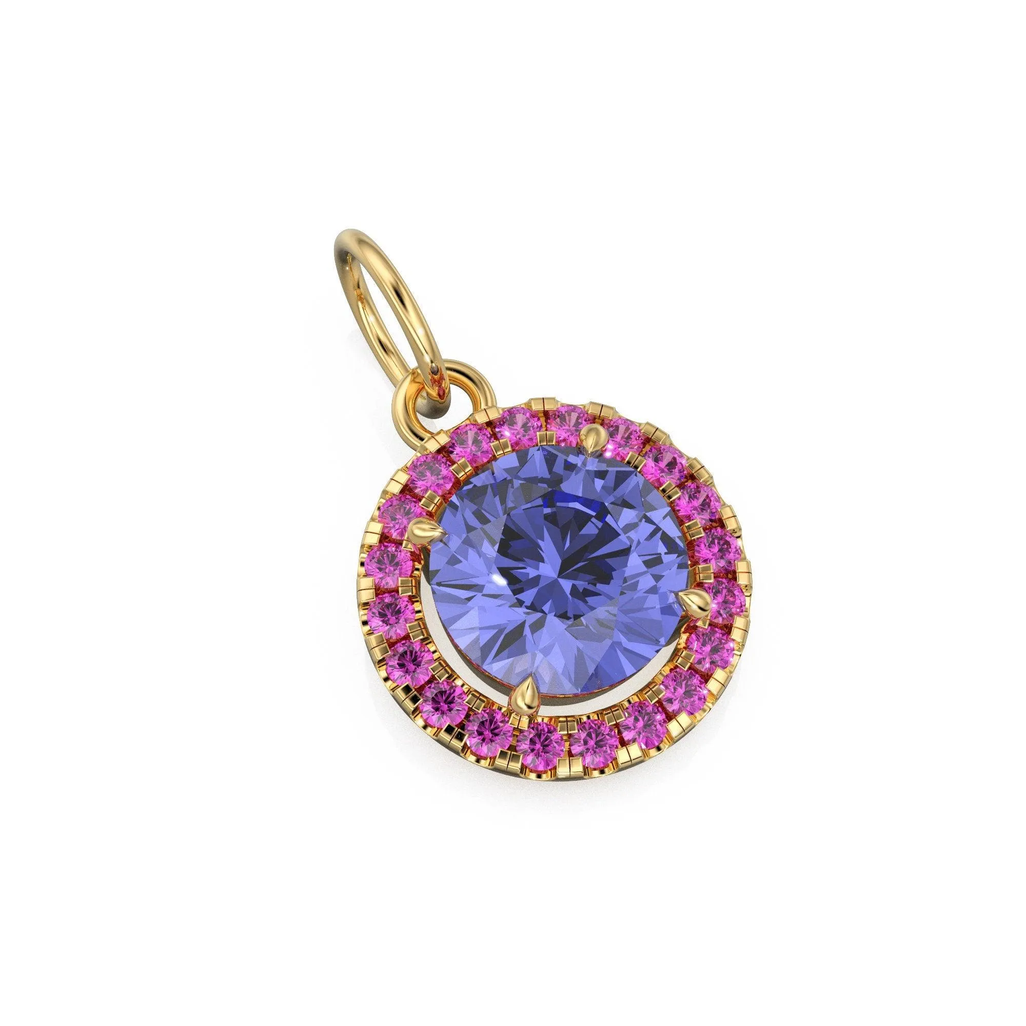 18k Solid Gold Iolite Pink Sapphire Round Halo Charm / Petite Dainty Brilliant Round Blue Gemstone Charm Pendant / Sapphire Gold Pendant