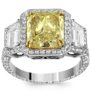 18K White Solid Gold GIA Certified Diamond Womens Ring With Natural Fancy Yellow Radiant Cut Diamond 5.50 Ctw
