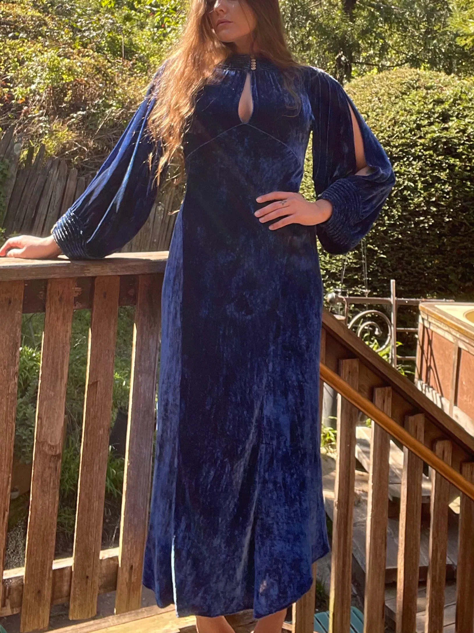 1930s Royal Blue Bias Cut Silk Velvet Split Sleeve Gown
