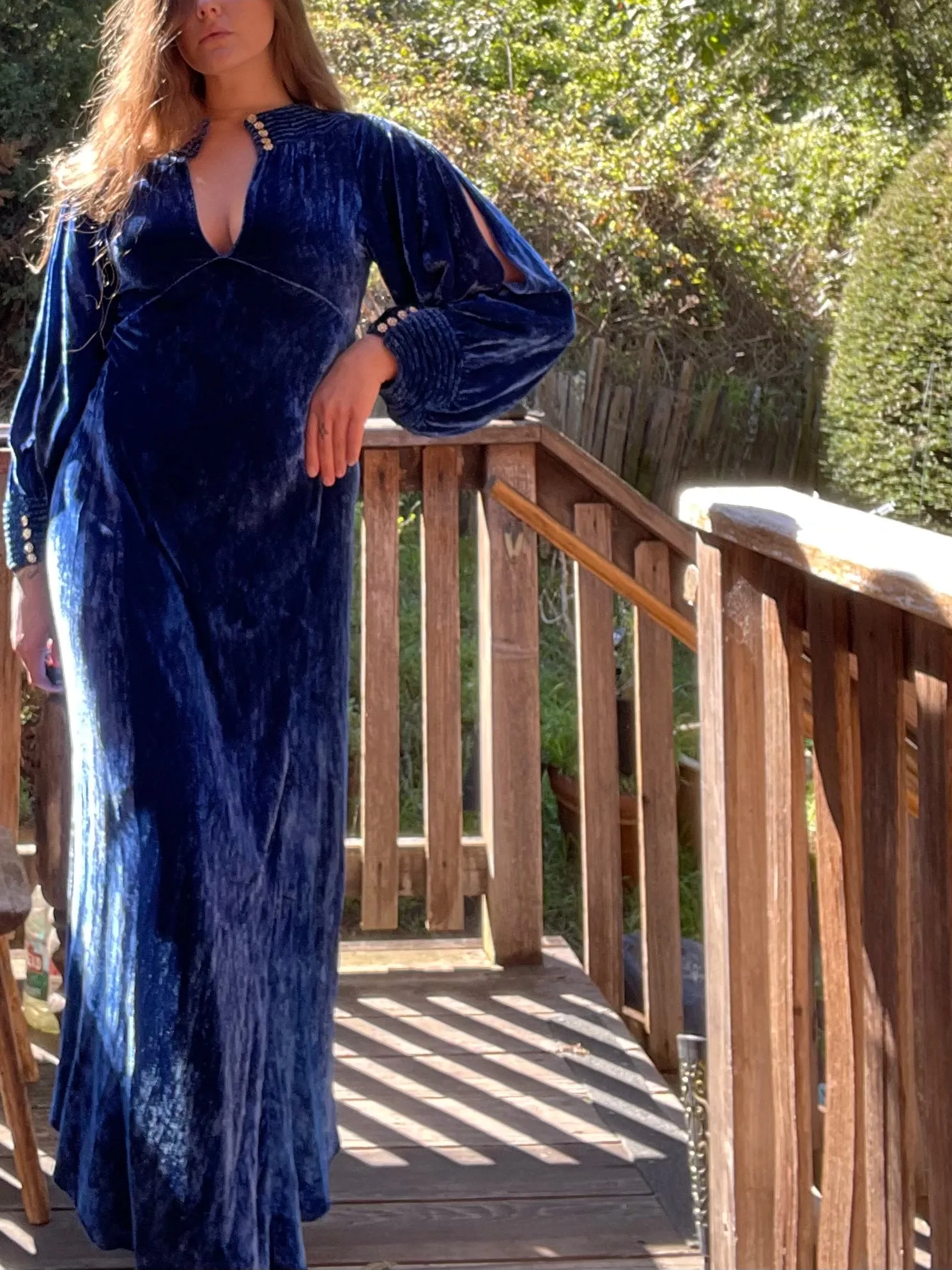 1930s Royal Blue Bias Cut Silk Velvet Split Sleeve Gown