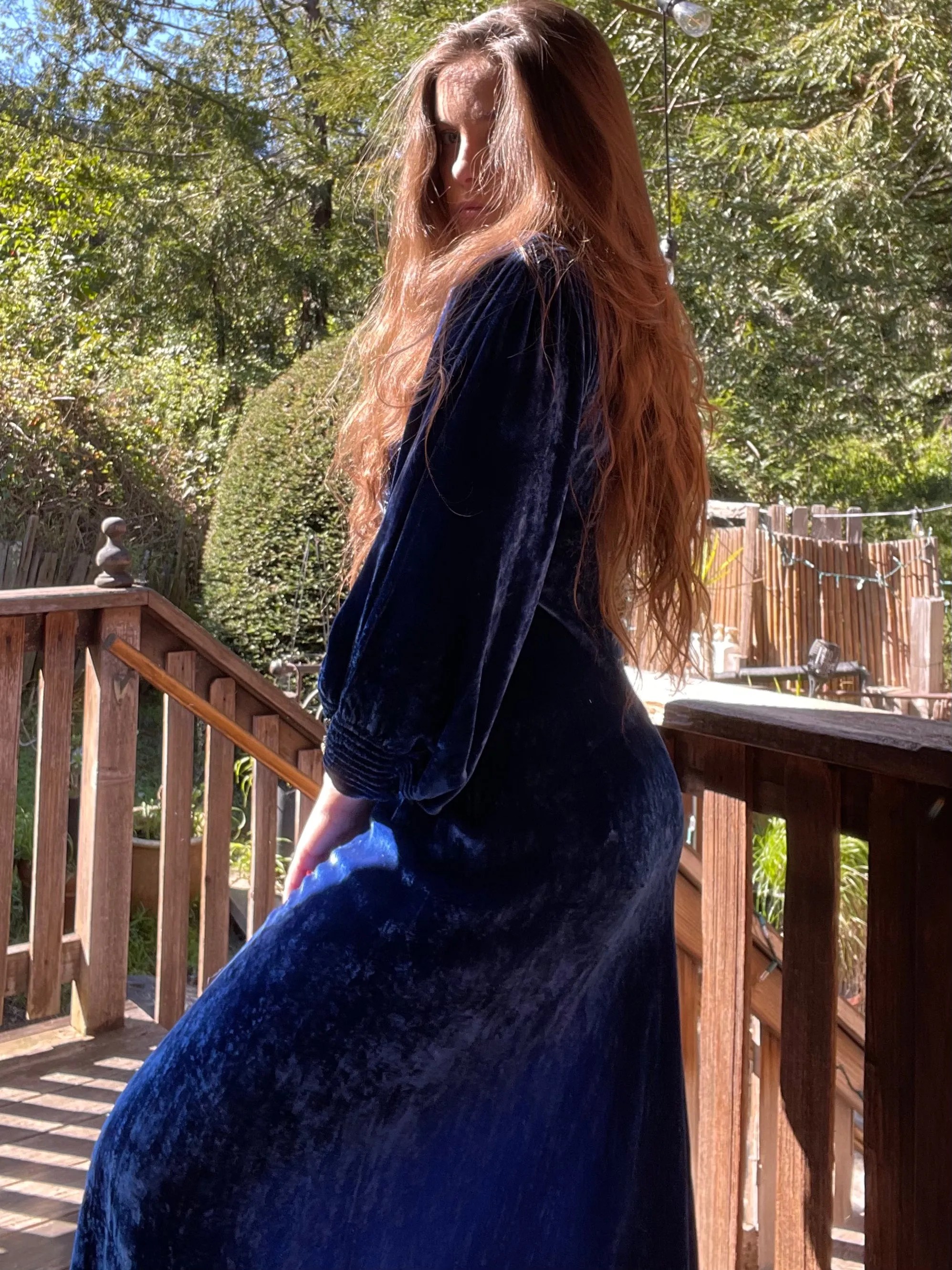 1930s Royal Blue Bias Cut Silk Velvet Split Sleeve Gown