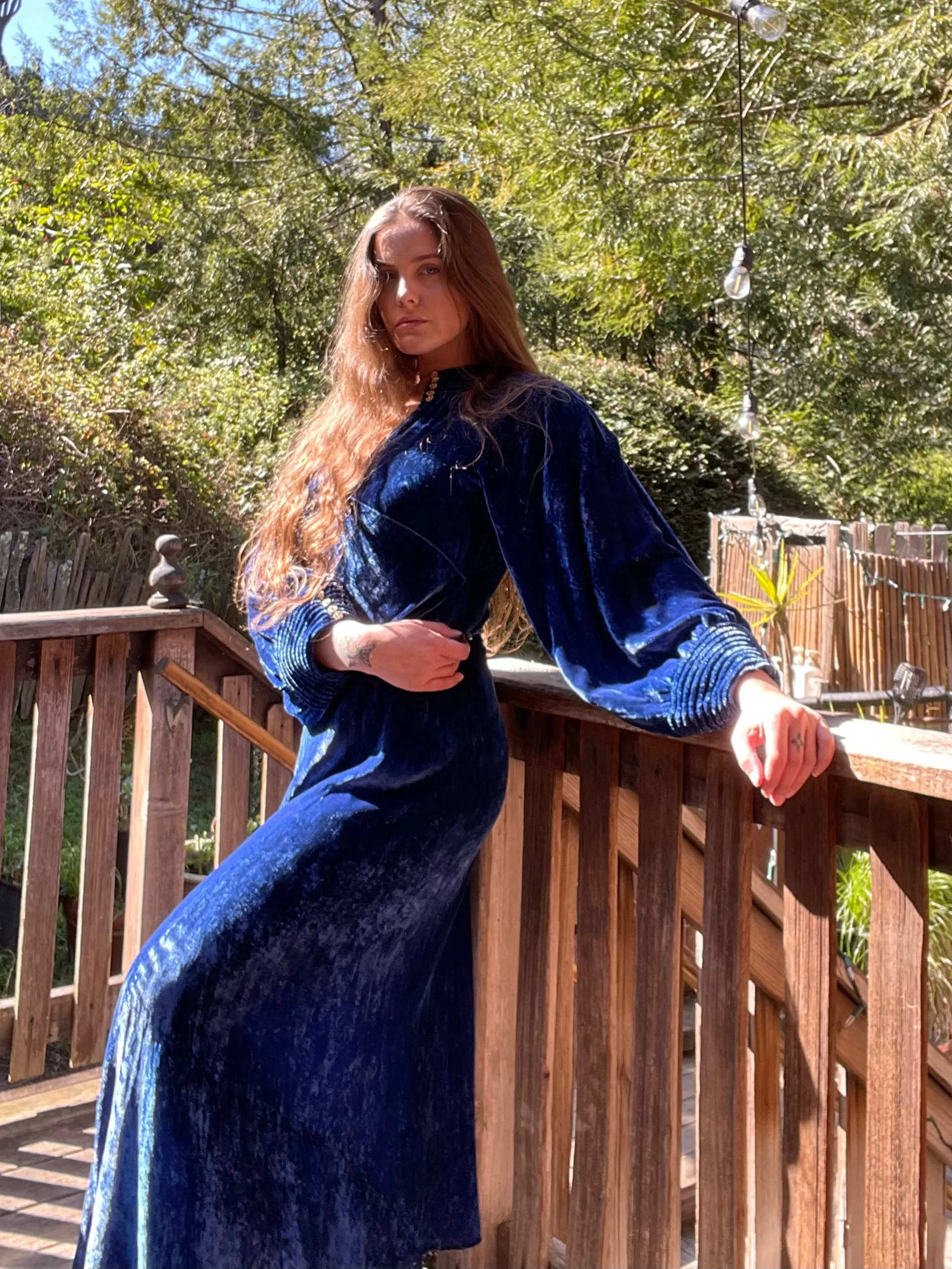 1930s Royal Blue Bias Cut Silk Velvet Split Sleeve Gown