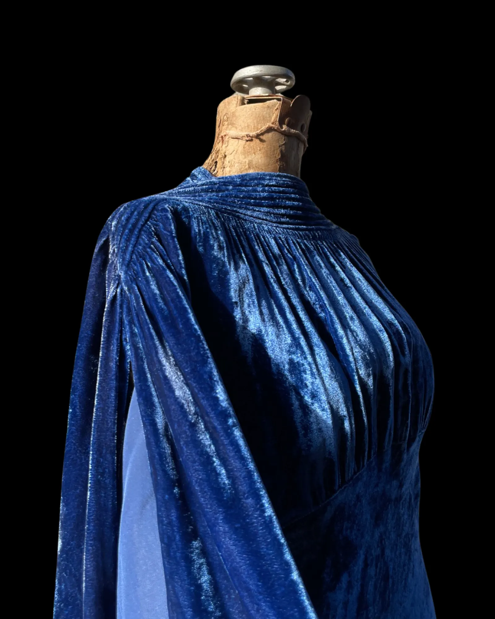 1930s Royal Blue Bias Cut Silk Velvet Split Sleeve Gown