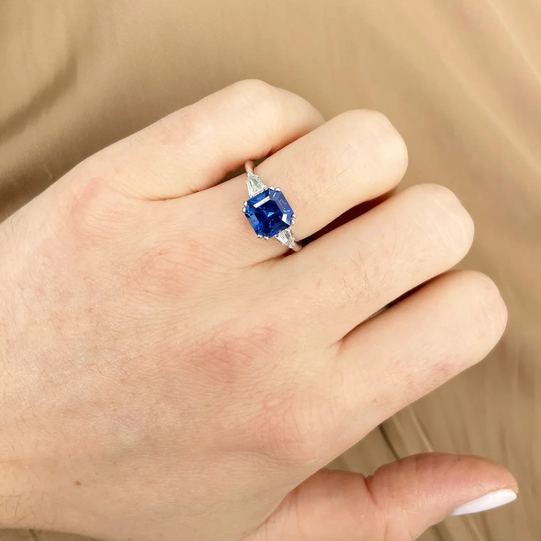 3ct Asscher Sapphire & Diamond Three-Stone 14K Gold Ring