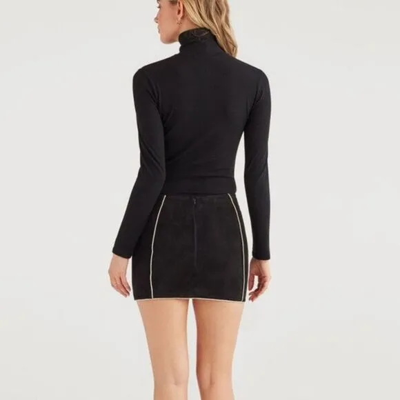 7 For All Mankind suede mini skirt with gold piping in jet black, size s NWT