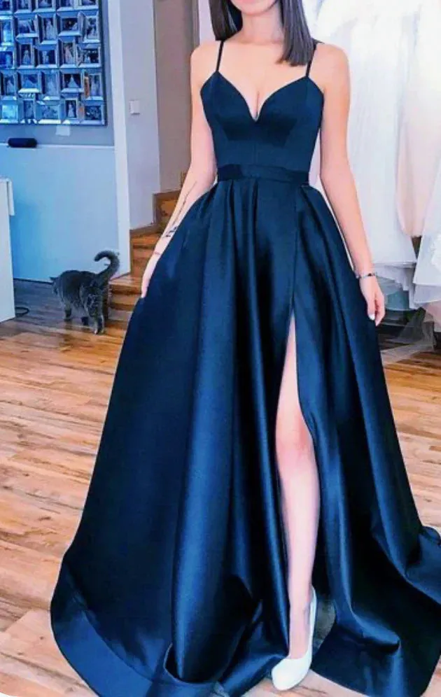 A Line 2025 Black Prom Dresses V Neck Evening Gown Spaghetti Strap