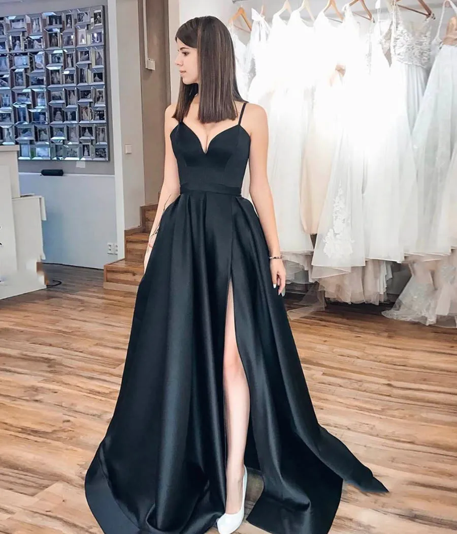 A Line 2025 Black Prom Dresses V Neck Evening Gown Spaghetti Strap
