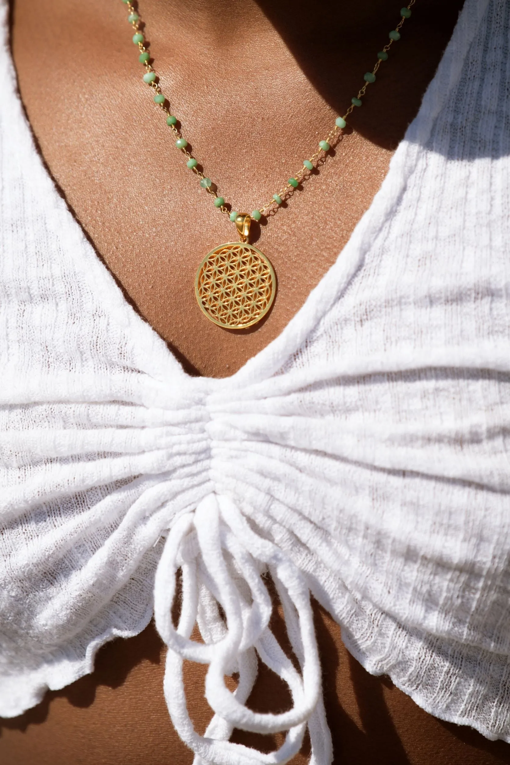 Abundant Blessings Flower of Life Necklace, Green Chrysoprase, 18K Gold