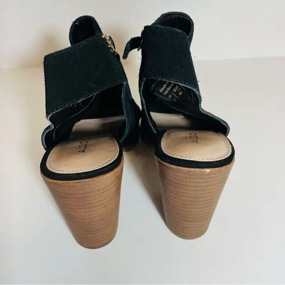 Aldo Black Suede Basket Weave w Gold Zipper Peep Toe Boot Sandal Size 9 NWT