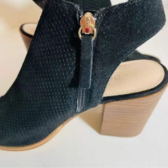 Aldo Black Suede Basket Weave w Gold Zipper Peep Toe Boot Sandal Size 9 NWT