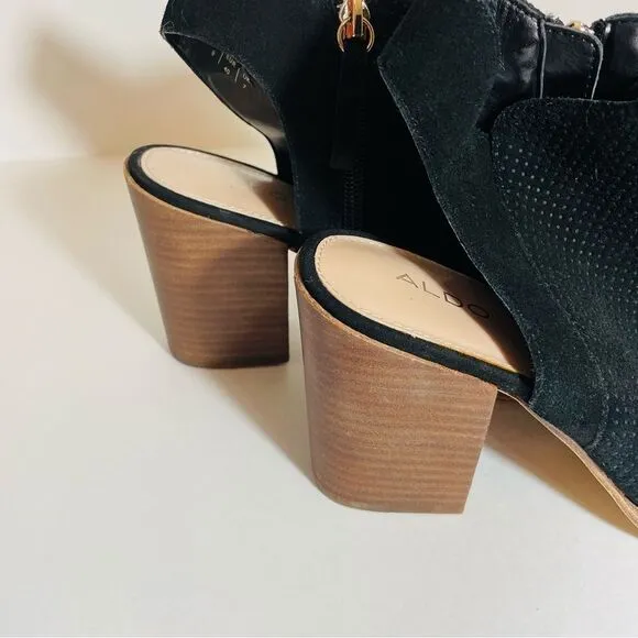 Aldo Black Suede Basket Weave w Gold Zipper Peep Toe Boot Sandal Size 9 NWT