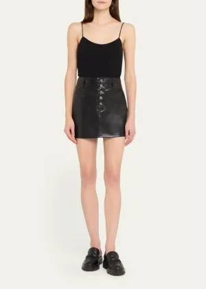 Alice   Olivia - Joss High Rise Vegan Leather Button Front Mini Skirt - Black