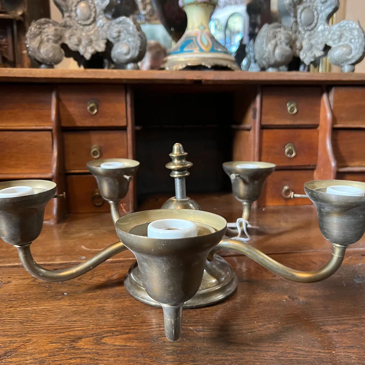 American Art Nouveau Brass Five-Arm Ceiling Flush Mount Chandelier Light Fixture