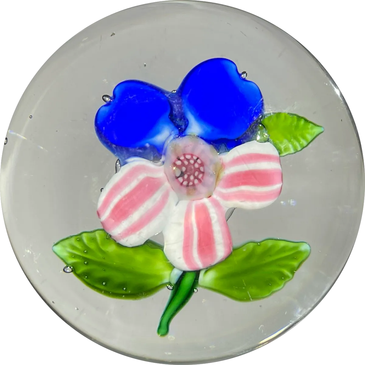Antique Boston & Sandwich Lampwork Fantasy Flower Blue Pansy on Clear