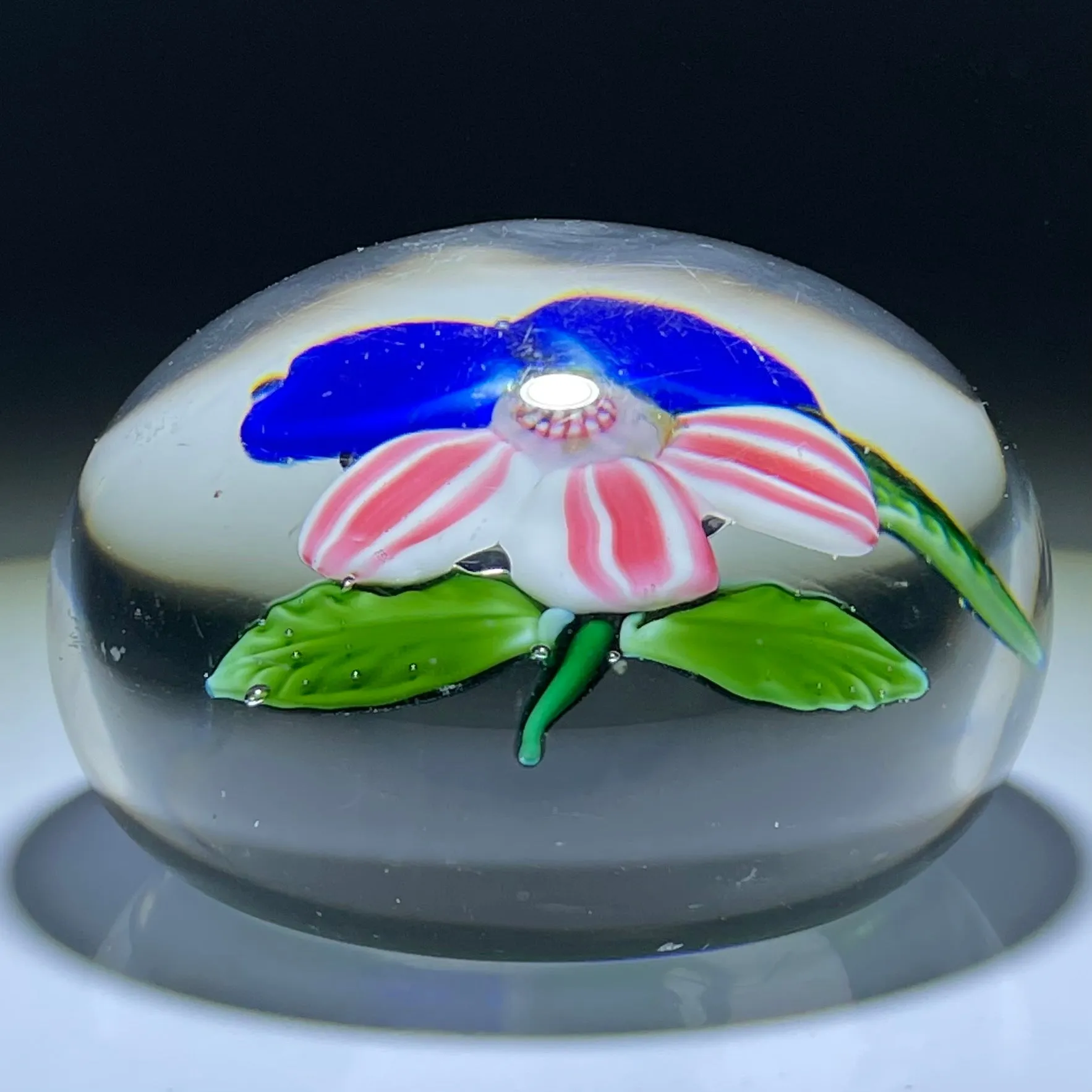 Antique Boston & Sandwich Lampwork Fantasy Flower Blue Pansy on Clear