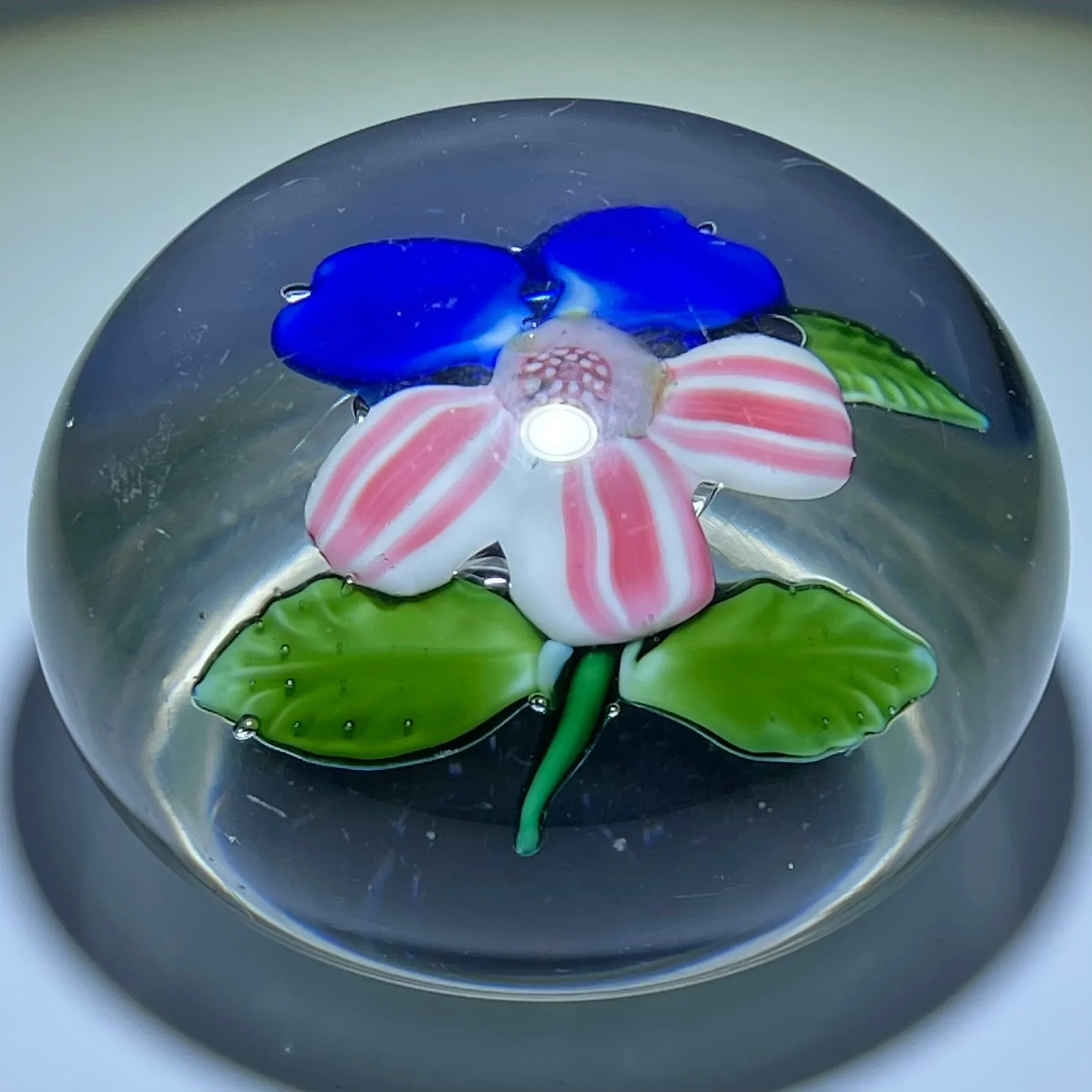 Antique Boston & Sandwich Lampwork Fantasy Flower Blue Pansy on Clear