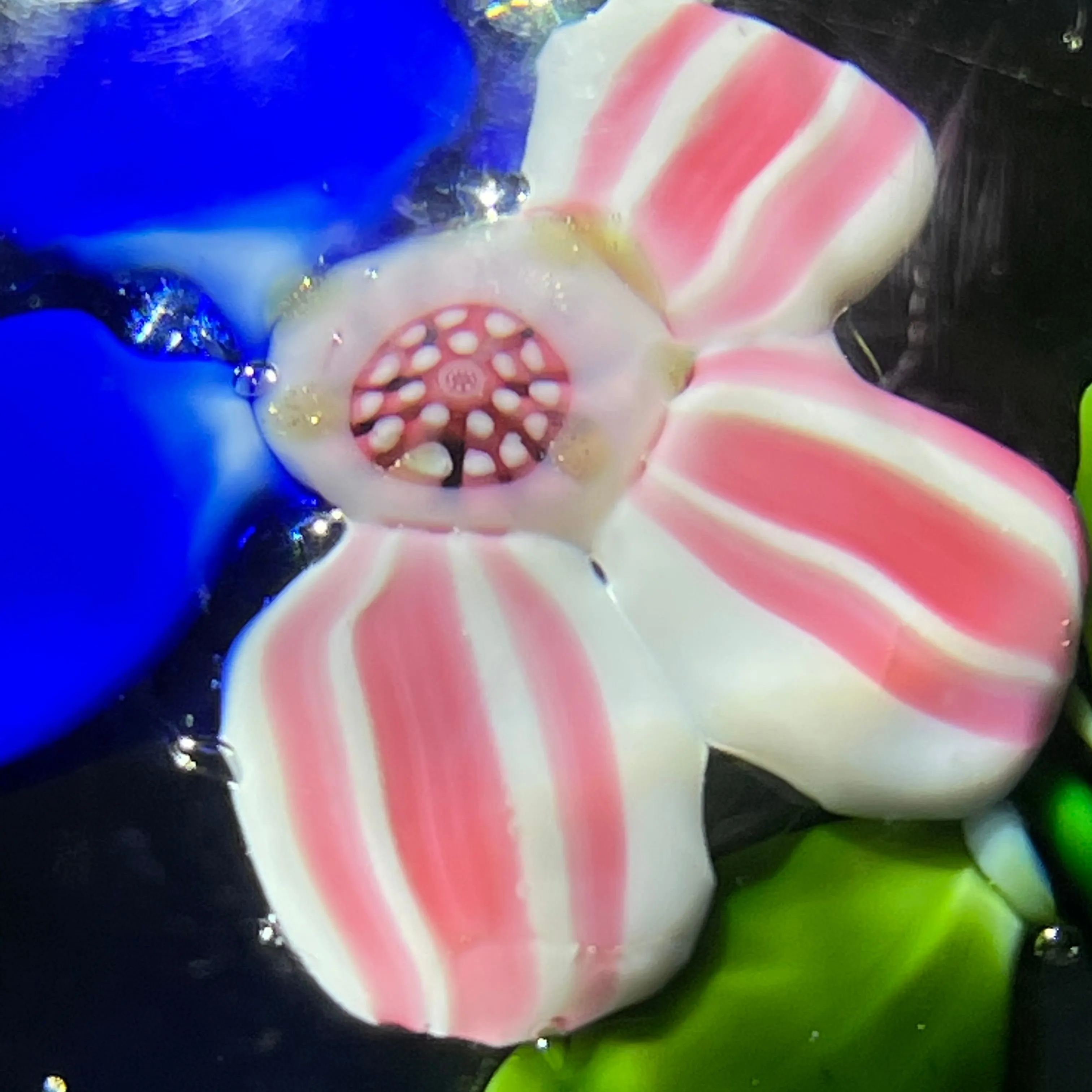 Antique Boston & Sandwich Lampwork Fantasy Flower Blue Pansy on Clear