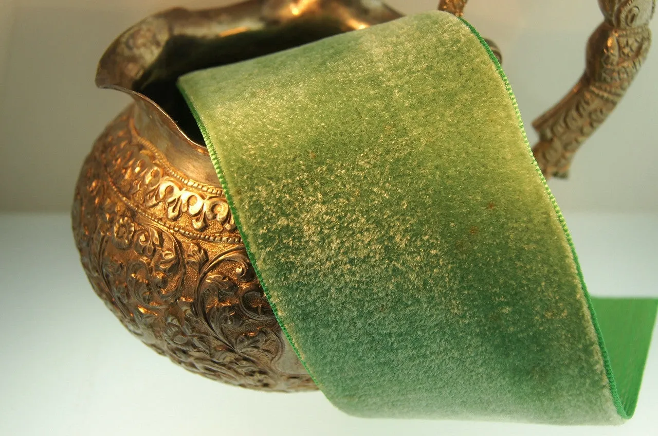 Antique Green Satin Back Cotton Silk Velvet Ribbon Vintage from France 50mm