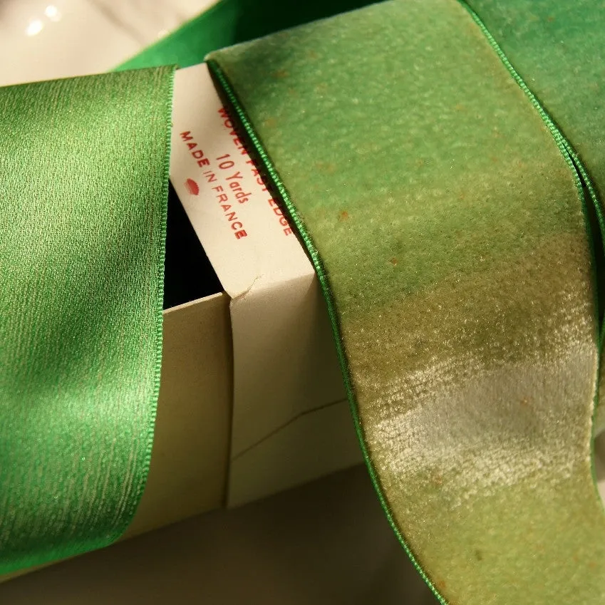 Antique Green Satin Back Cotton Silk Velvet Ribbon Vintage from France 50mm