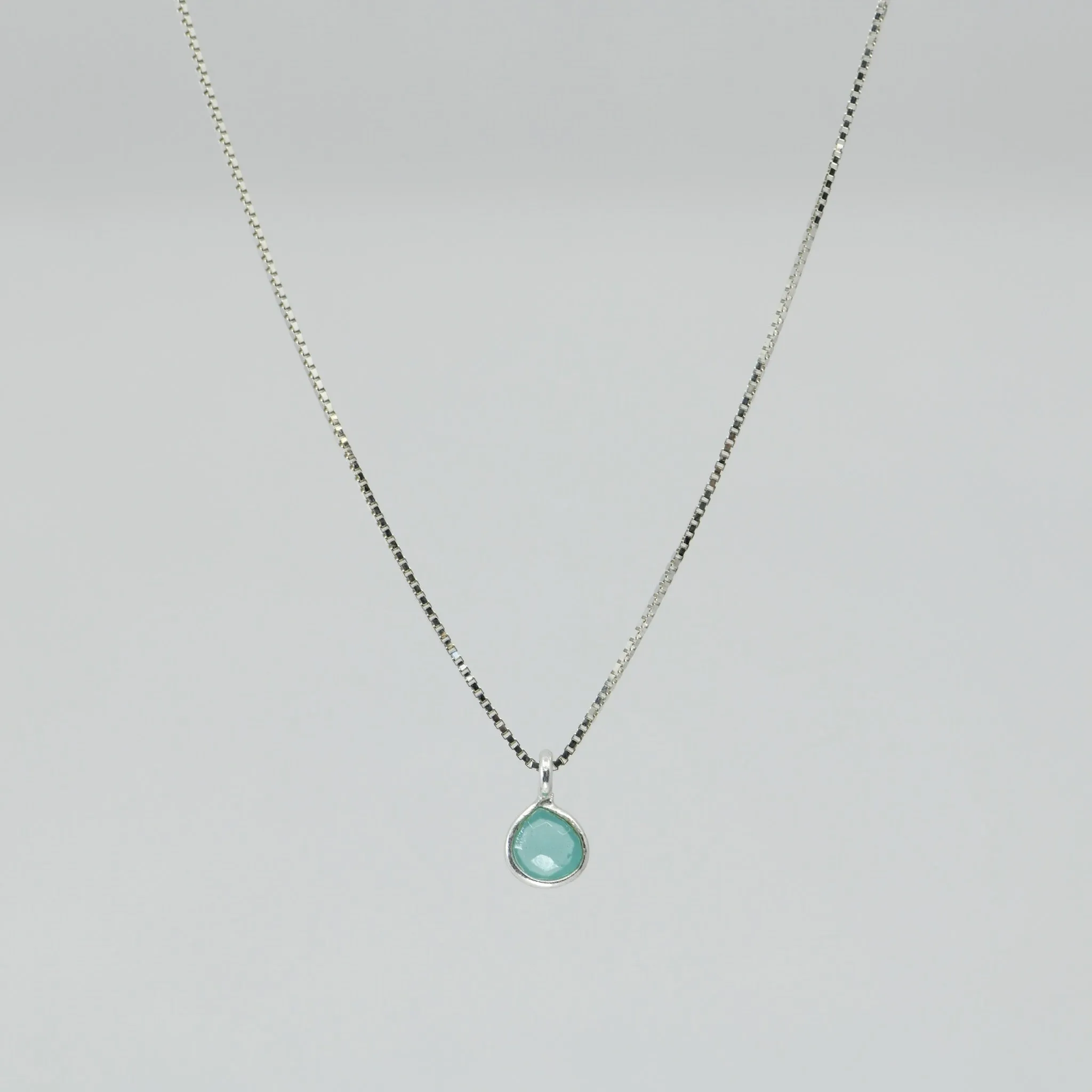 Aqua Chalcedony Necklace | Sterling Silver | Handmade 4mm Round Pendant | 20" Chain
