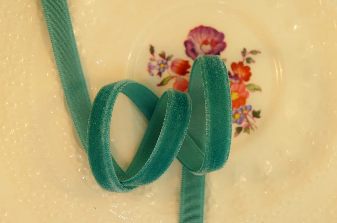 Aquamarine Green Velvet Ribbon Vintage from Switzerland 7mm