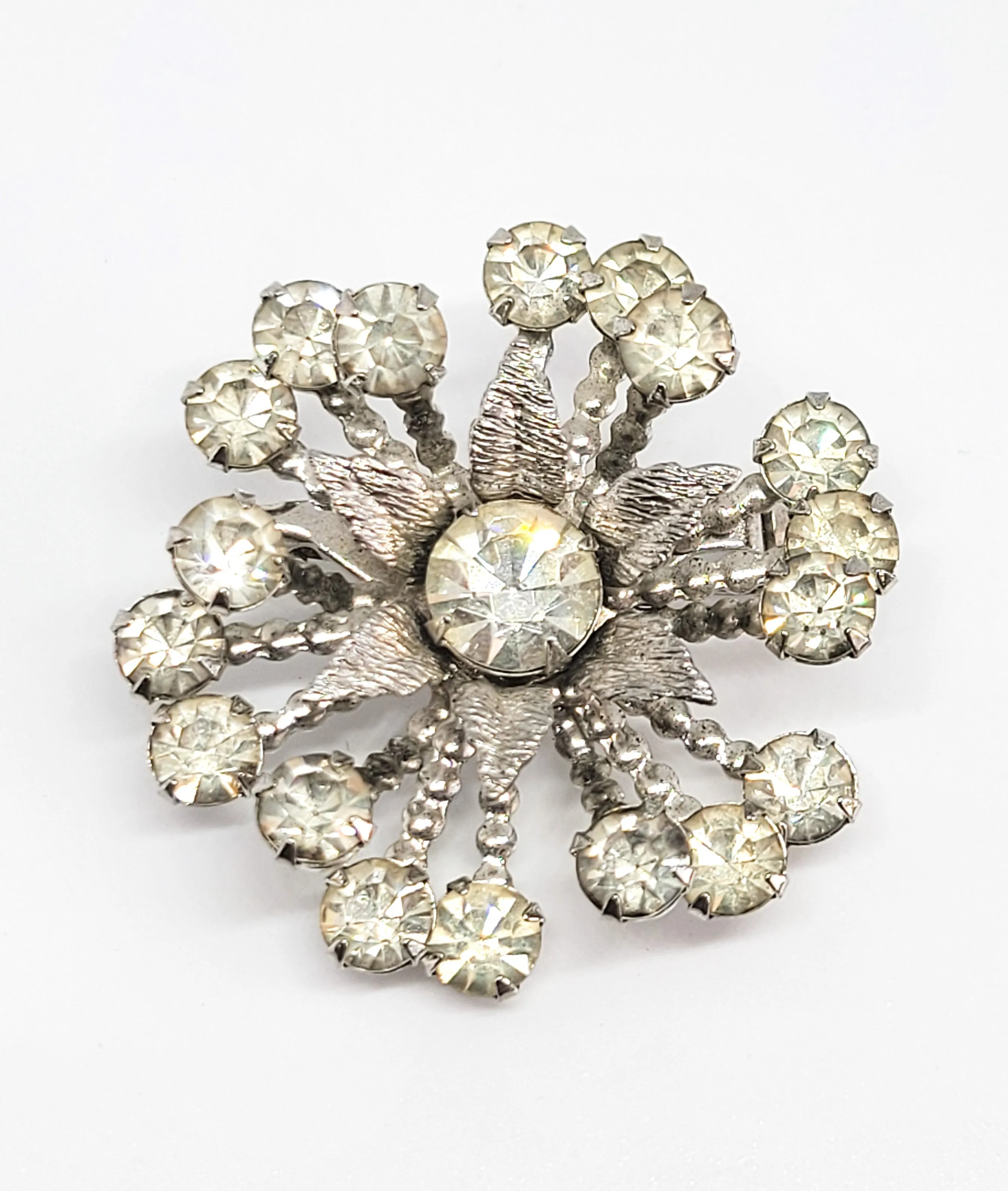 Atomic flower mid century modern MCM clear rhinestone vintage brooch