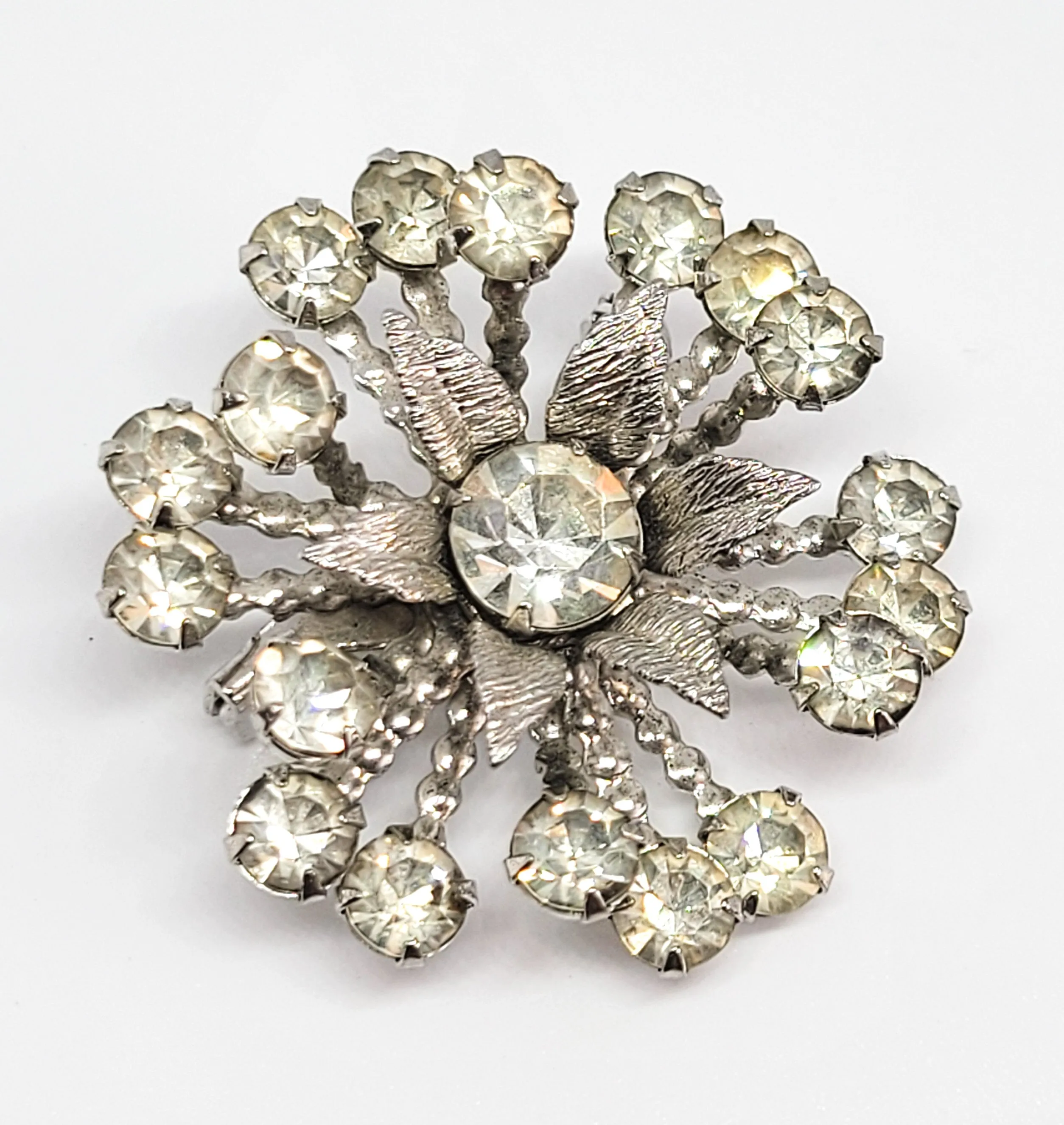 Atomic flower mid century modern MCM clear rhinestone vintage brooch