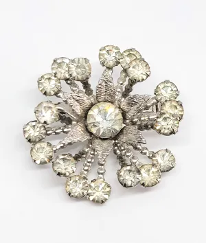 Atomic flower mid century modern MCM clear rhinestone vintage brooch