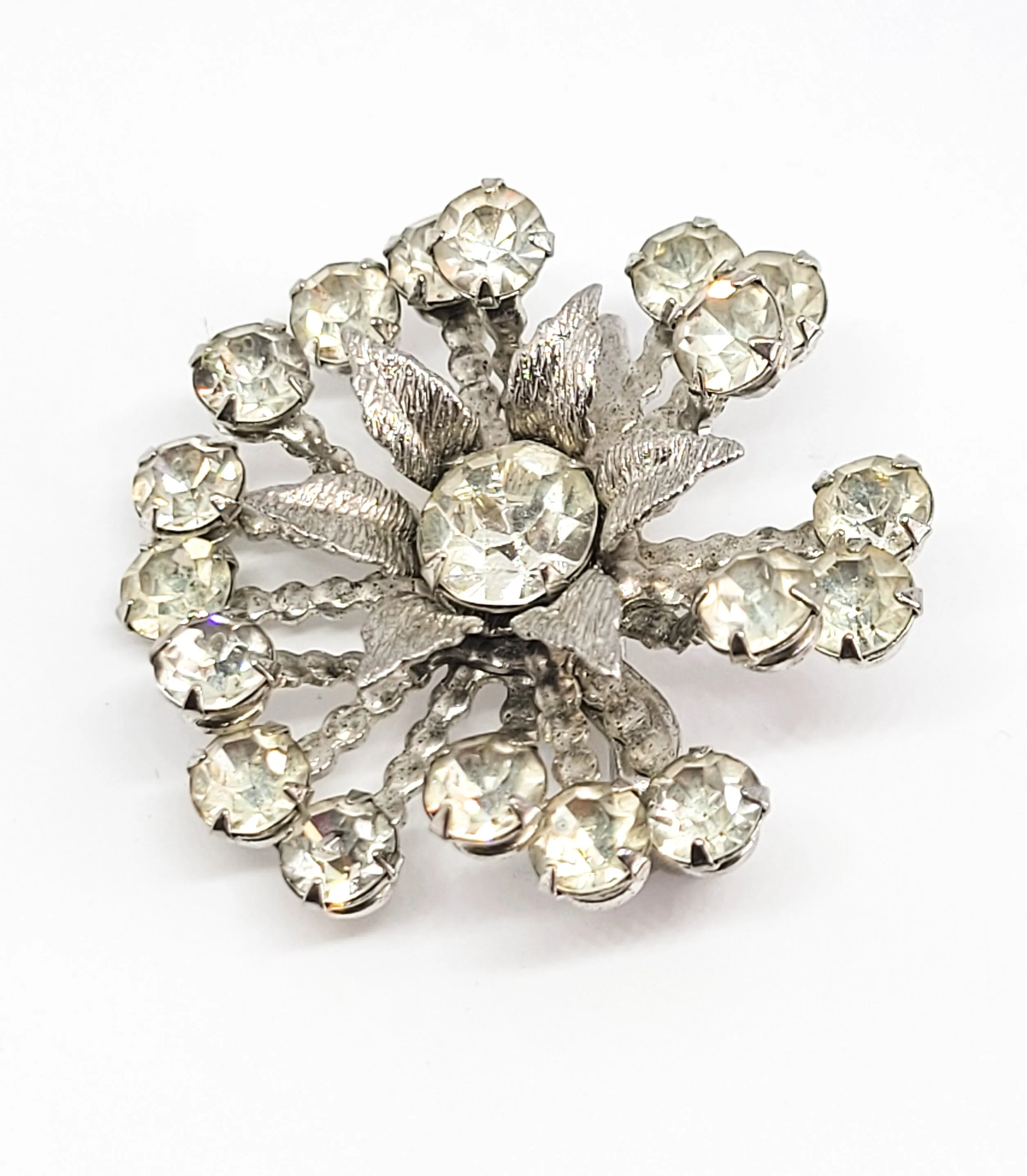 Atomic flower mid century modern MCM clear rhinestone vintage brooch