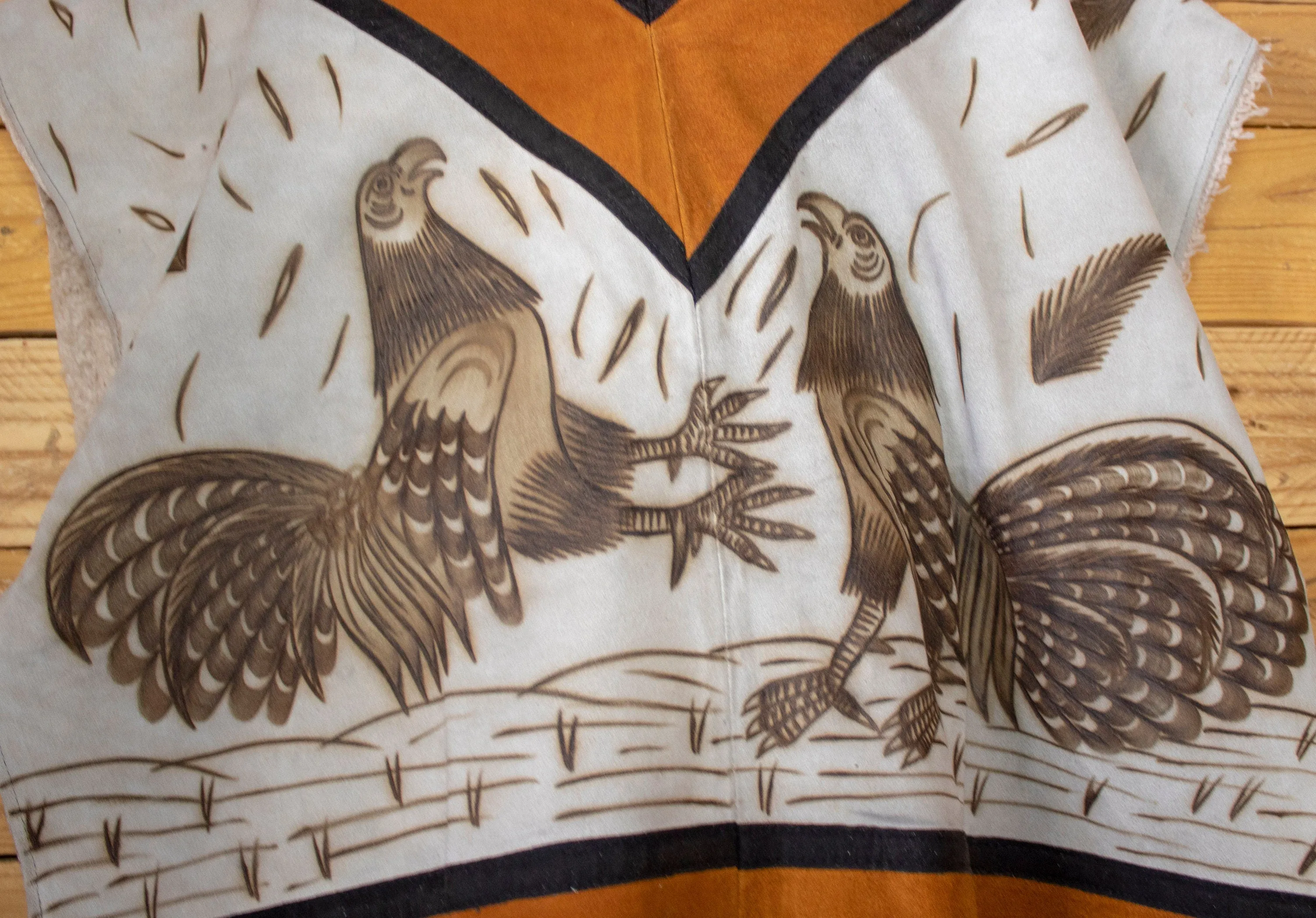 AUTHENTIC SUEDE LEATHER stamped Rooster gallo sheep wool cockfighting Mexican poncho rebozo Gaban