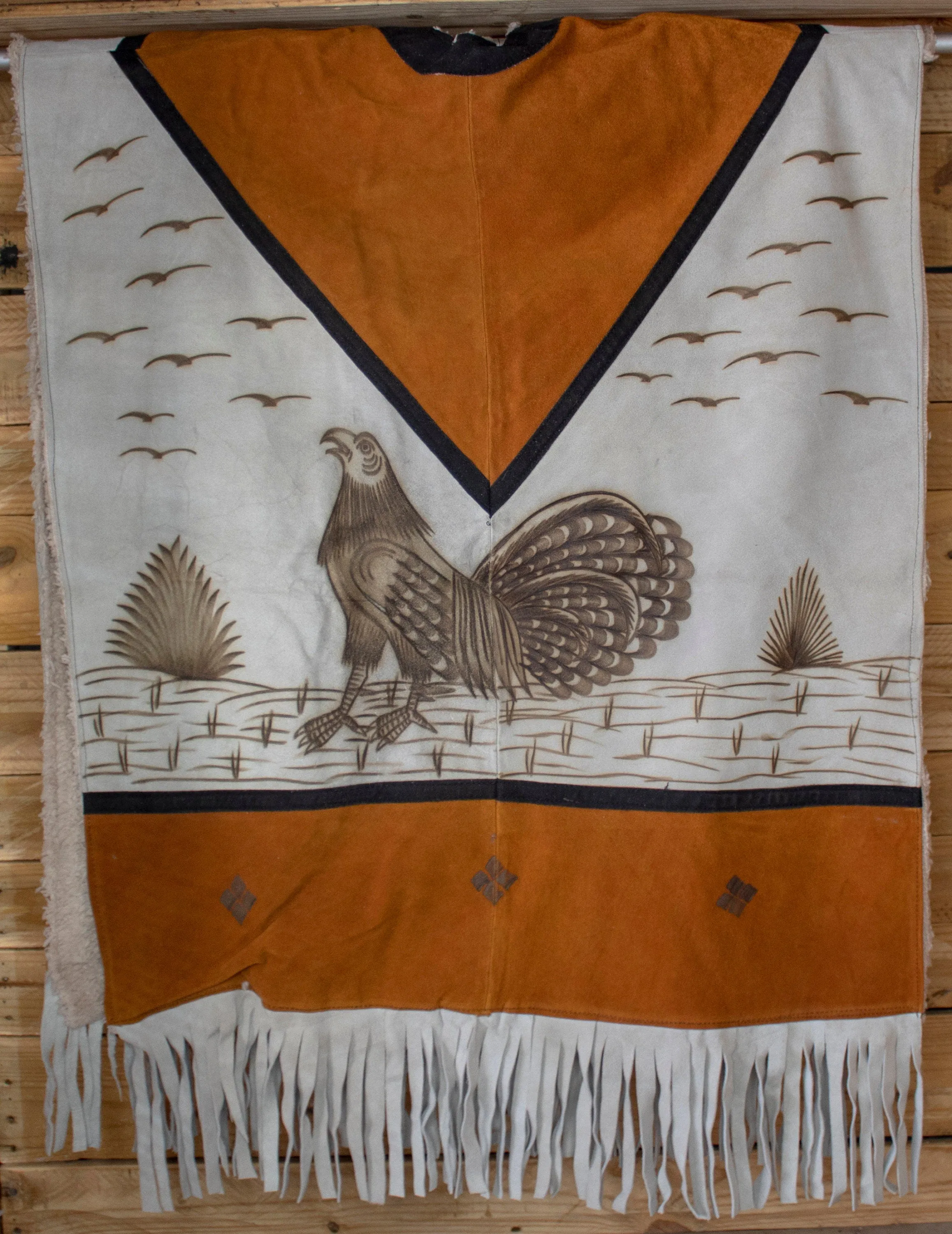AUTHENTIC SUEDE LEATHER stamped Rooster gallo sheep wool cockfighting Mexican poncho rebozo Gaban