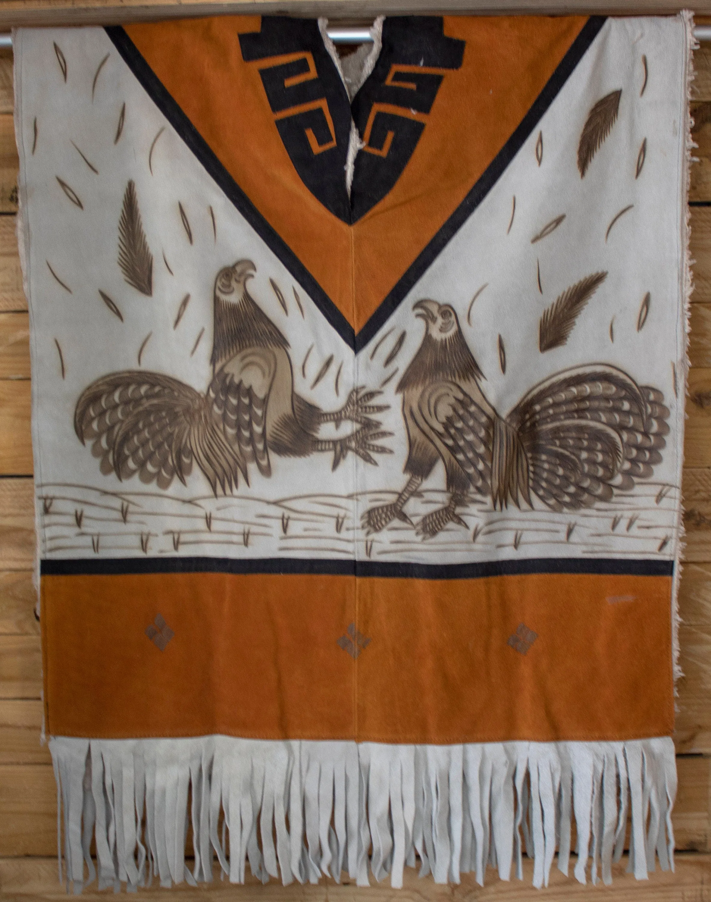 AUTHENTIC SUEDE LEATHER stamped Rooster gallo sheep wool cockfighting Mexican poncho rebozo Gaban