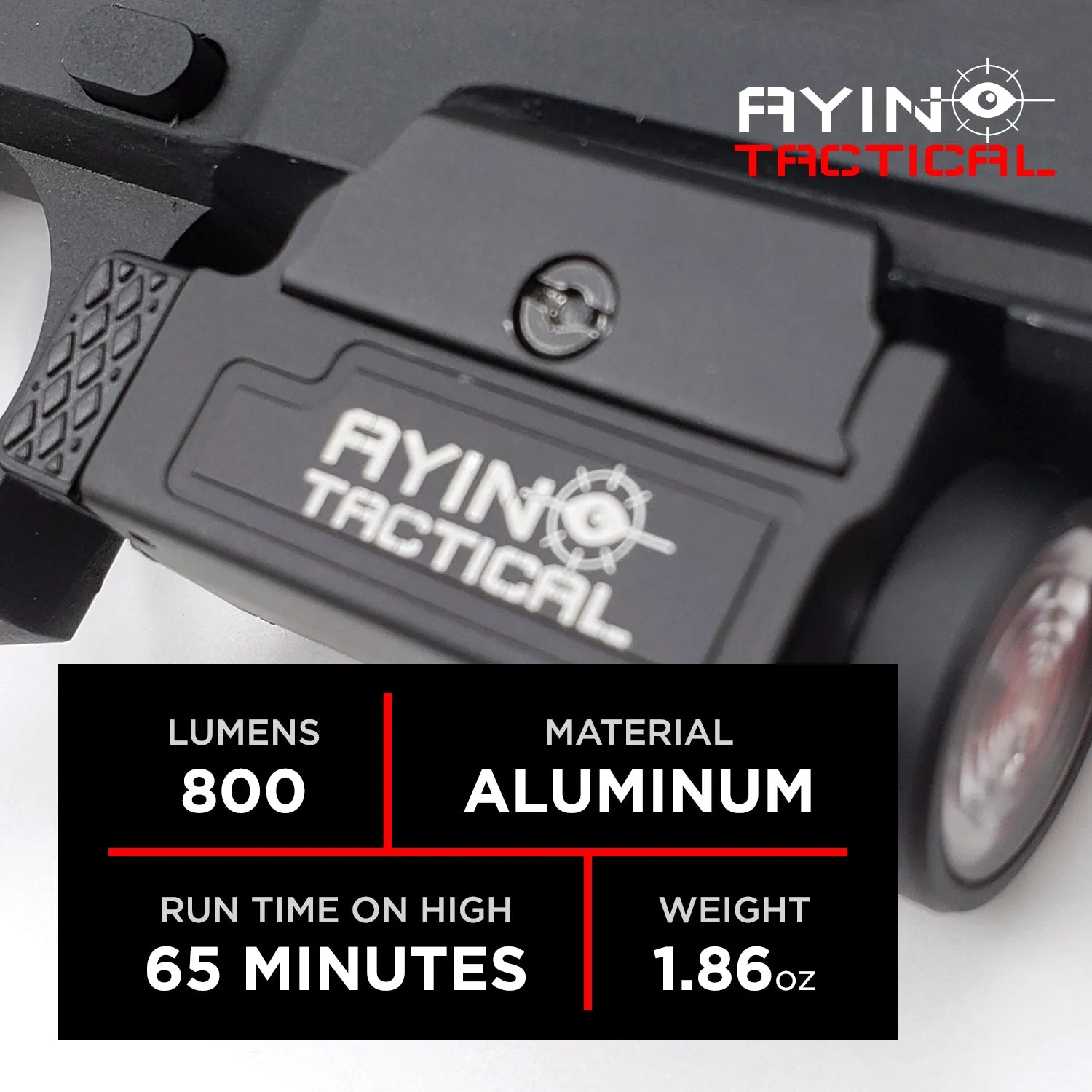 AYIN Tactical Pistol Light, 800 Lumens, Quick Disconnect, USB Rechargeable Tactical Rail Mounted Flashlight, Mounting Hardware, Battery and Charger Included