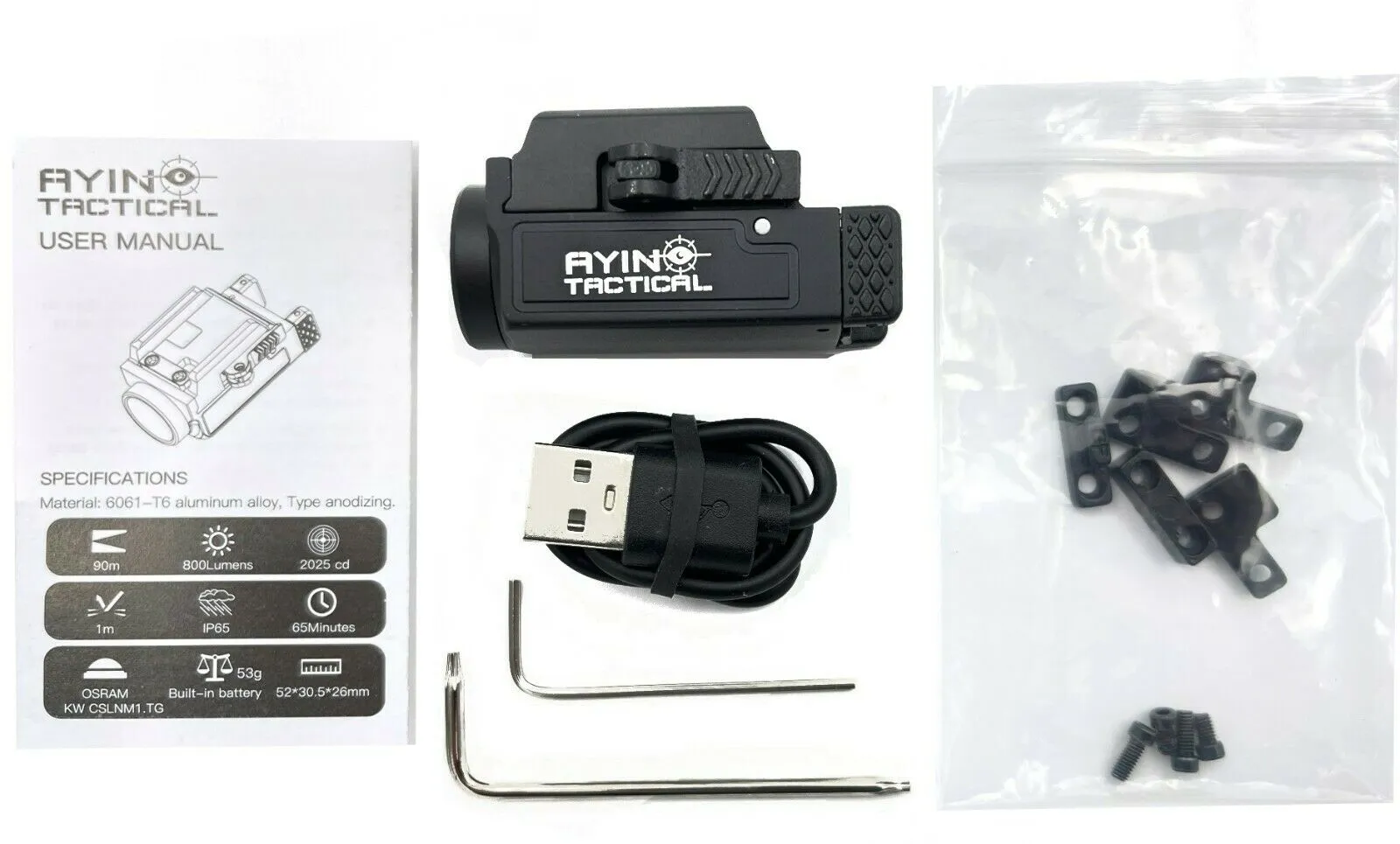 AYIN Tactical Pistol Light, 800 Lumens, Quick Disconnect, USB Rechargeable Tactical Rail Mounted Flashlight, Mounting Hardware, Battery and Charger Included
