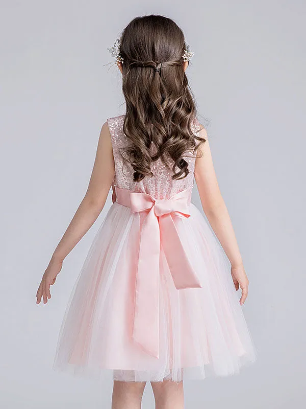 Baby Blue Jewel Neck Tulle Sleeveless Short Princess Dress Bows Kids Social Party Dresses