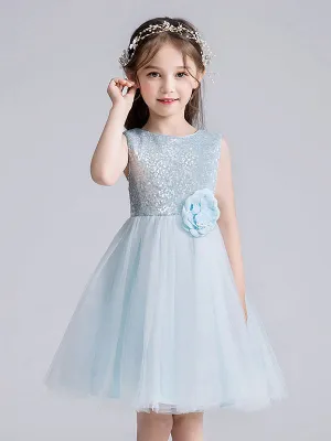 Baby Blue Jewel Neck Tulle Sleeveless Short Princess Dress Bows Kids Social Party Dresses