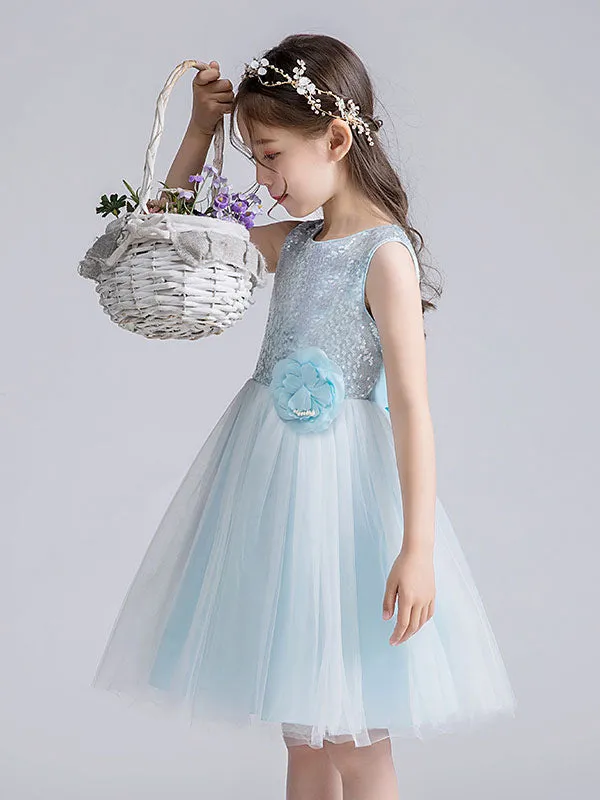 Baby Blue Jewel Neck Tulle Sleeveless Short Princess Dress Bows Kids Social Party Dresses