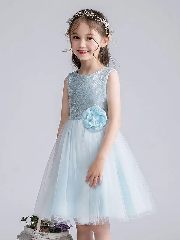 Baby Blue Jewel Neck Tulle Sleeveless Short Princess Dress Bows Kids Social Party Dresses