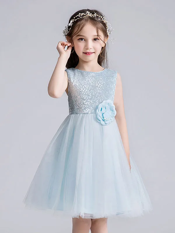Baby Blue Jewel Neck Tulle Sleeveless Short Princess Dress Bows Kids Social Party Dresses