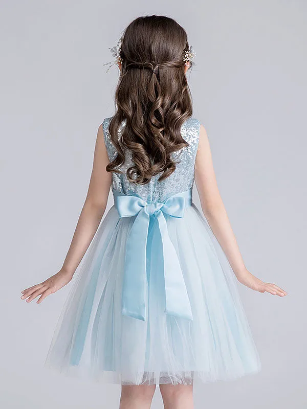 Baby Blue Jewel Neck Tulle Sleeveless Short Princess Dress Bows Kids Social Party Dresses